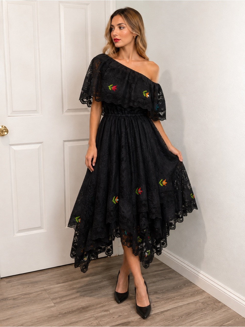 Vintage 70s Mexican Lace Embroidered Off Shoulder Floral Handkerchief Midi Dress